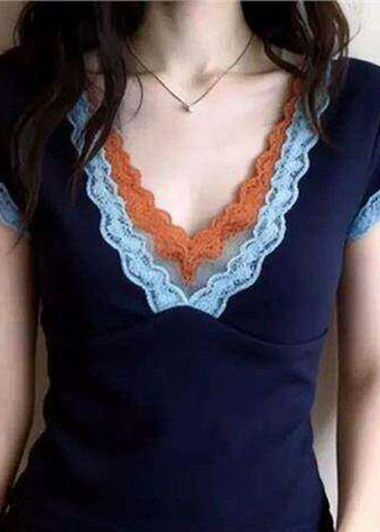 Unique Blue V Neck Patchwork T Shirt Summer
