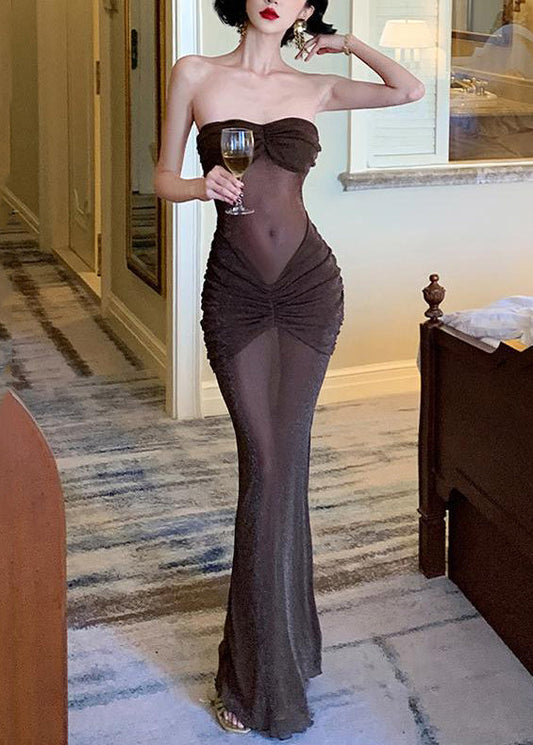 Unique Brown Cold Shoulder Sheer Wrinkled Silk Maxi Dress Sleeveless