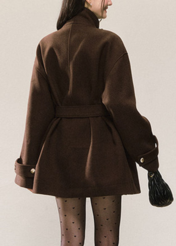 Unique Brown Tie Waist Pockets Woolen Coats Long Sleeve