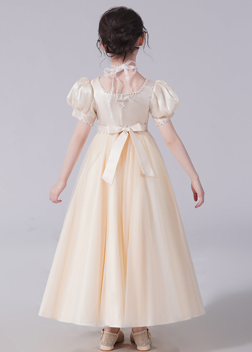 Unique Champagne Bow Nail bead Tulle Girls Long Dresses Short Sleeve