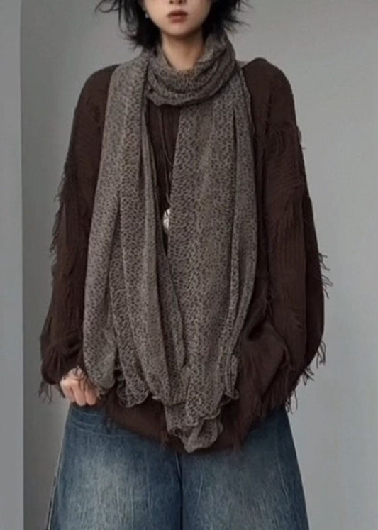 Unique Coffee O-Neck Asymmetrical Tassel Patchwork Cotton Knit Sweater Tops Winter