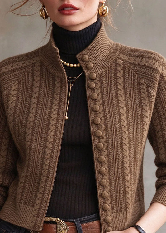 Unique Coffee Stand Collar Print Button Cotton Knit Cardigans Long Sleeve