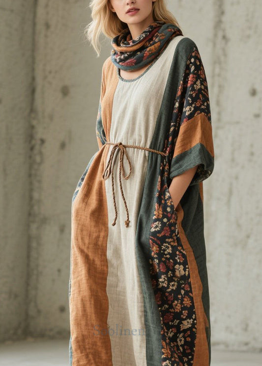 Unique Colorblock O Neck Print Cotton Long Dress Fall