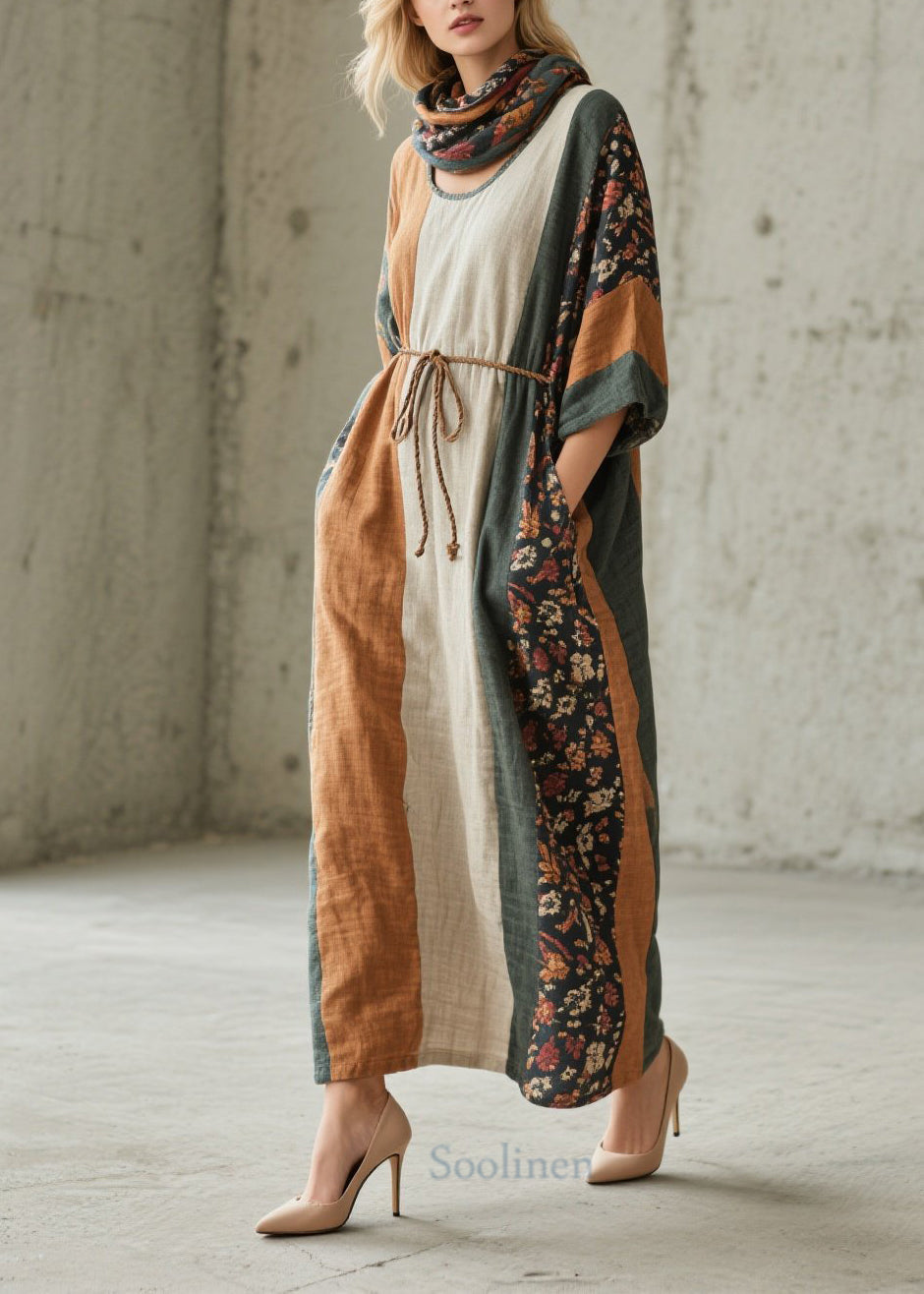 Unique Colorblock O Neck Print Cotton Long Dress Fall