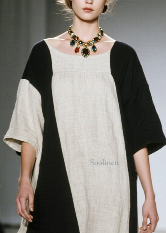 Unique Colorblock Oversized Patchwork Cotton Ankle Dress Half Sleeve