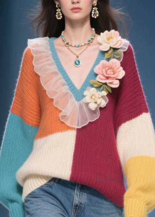 Unique Colorblock V Neck Ruffled Floral Knit Pullover Fall