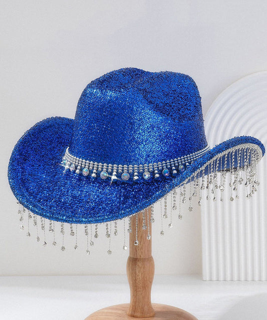 Unique Gold Tassel Zircon Large Brimmed Jazz Cowboy Hat