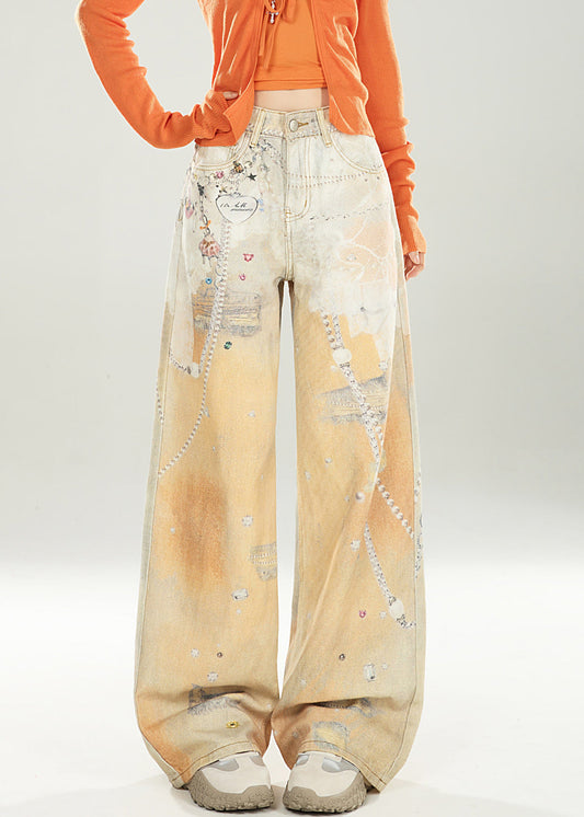 Unique Gradient Color Print Pockets Denim Wide Leg Pants Spring