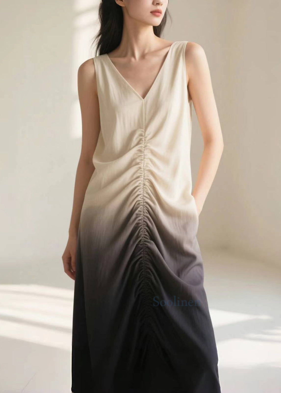 Unique Gradient Color Wrinkled Cotton Long Dress Summer