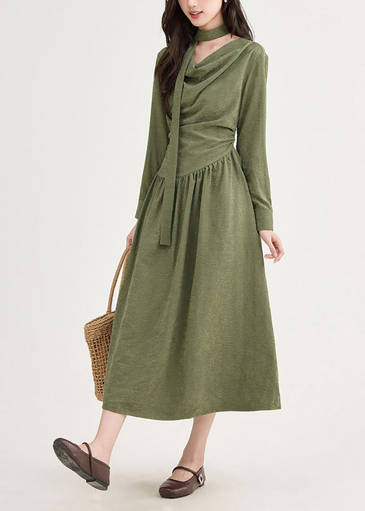 Unique Green Asymmetrical Tie Waist Dress Long Sleeve