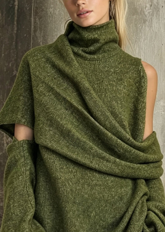 Unique Green Hign Neck Asymmetrical Design Knit Sweaters Fall