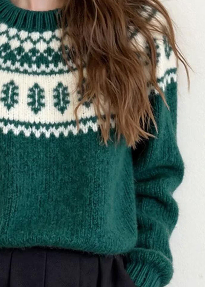 Unique Green O Neck Jacquard Thick Knit Sweater Winter