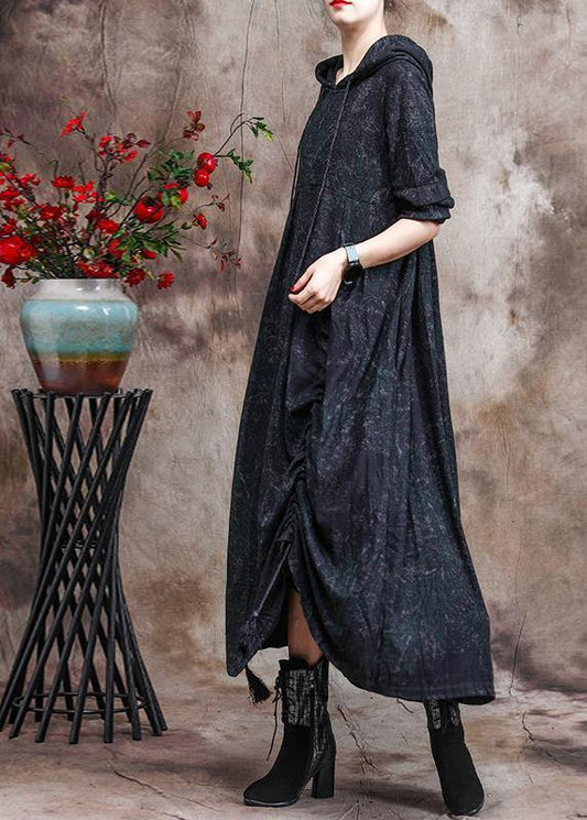 Unique Dark Green Print Outfit Hoodie Dress Asymmetric Maxi Dress - SooLinen