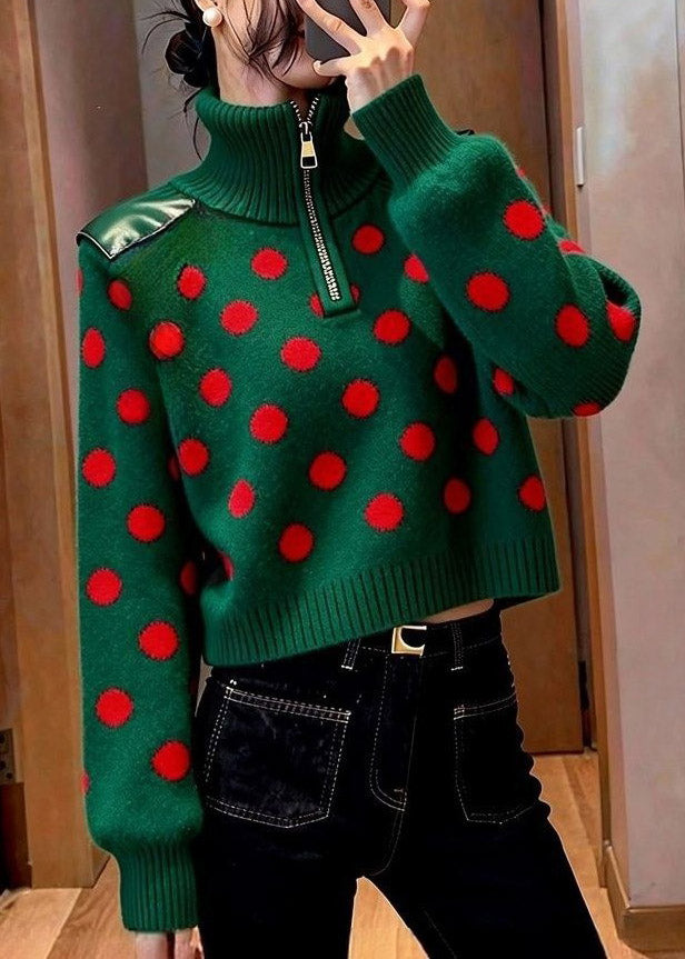 Unique Green Turtleneck Dot Print Cotton Knit Sweater Long Sleeve