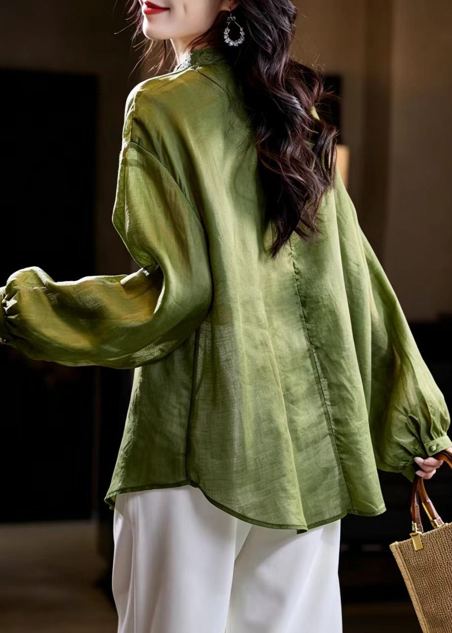 Unique Green V Neck Lace Up Shirt Top Lantern Sleeve