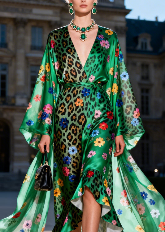 Unique Green V Neck Print Ruffled Patchwork Silk Ankle Dresses Summer
