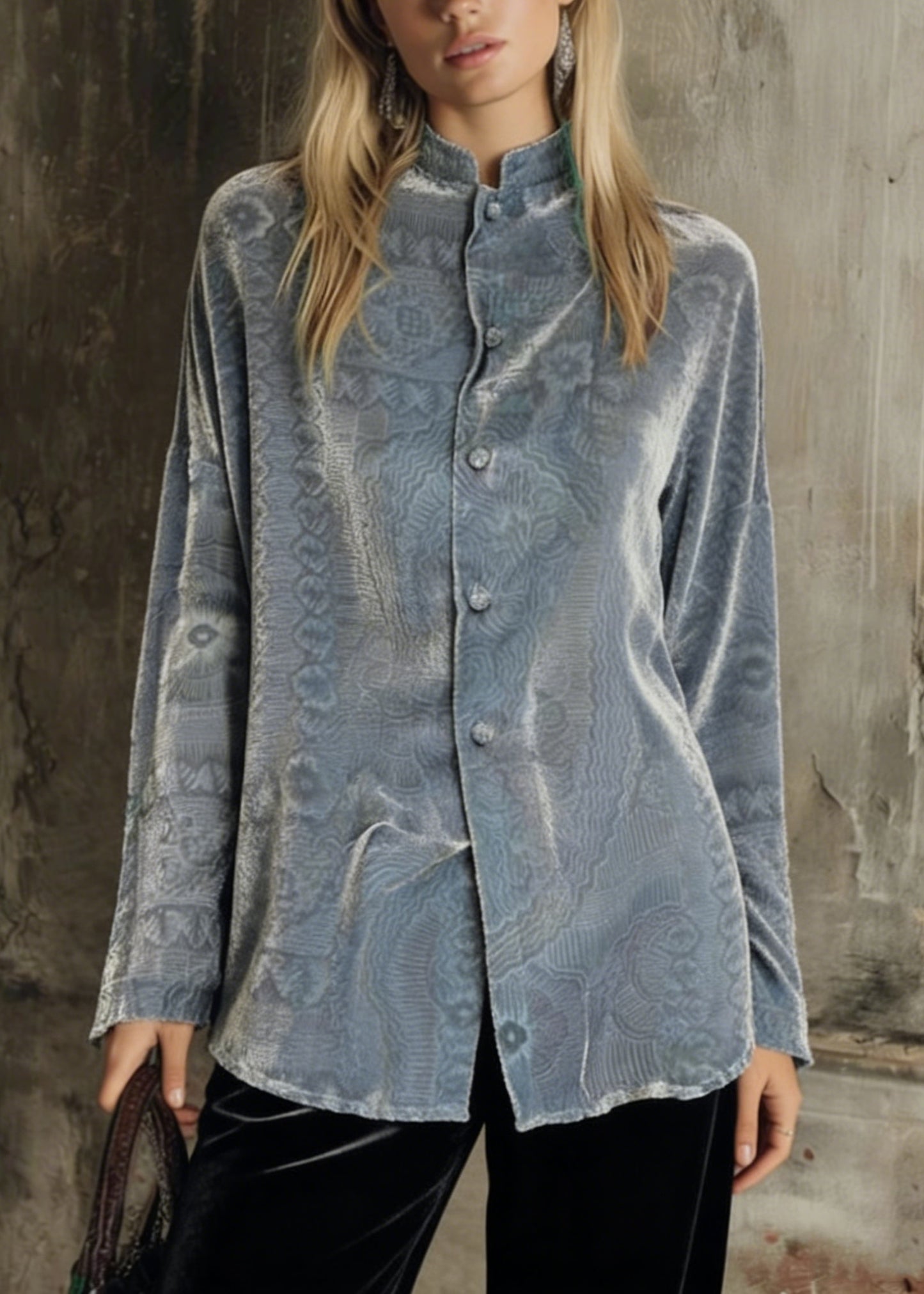 Unique Grey Button Patchwork Silk Velour Shirts Long Sleeve
