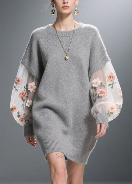 Unique Grey Daisy Patchwork Tulle Long Sweater Fall