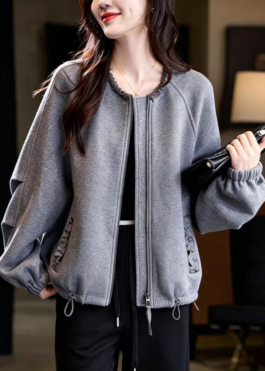 Unique Grey O-Neck Nail Bead Zip Up Cotton Jacket Fall