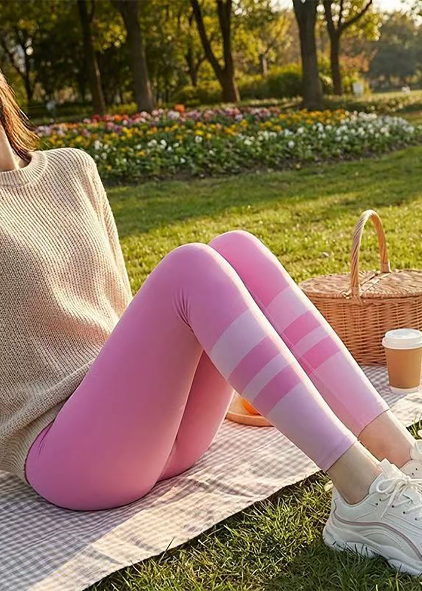 Unique Hot Pink Striped Print High Waist Tummy Control Pilates Capri Athletic Leggings