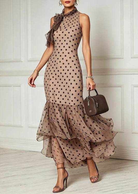 Unique Khaki Dot Lace Up Patchwork Tulle Long Dresses Summer