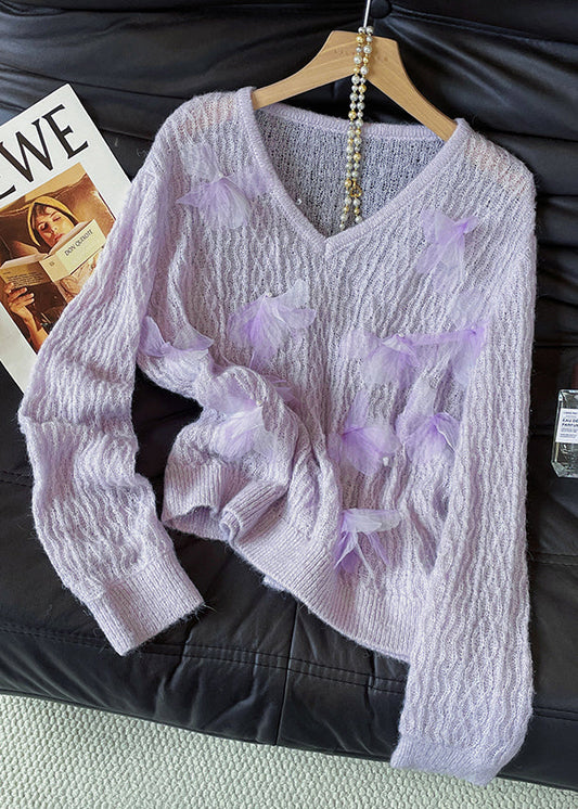 Unique Lavender V Neck Floral Decorated Knit Pullover Fall