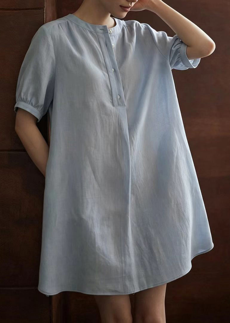 Unique Light Blue O-Neck Half Button Dresses Summer