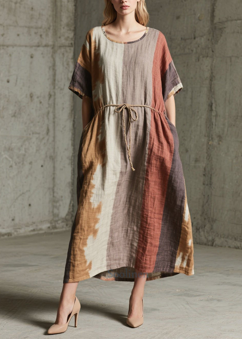 Unique Mixed Color Tie Waist Print Cotton Ankle Dress Summer