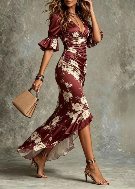Unique Mulberry V Neck Asymmetrical Print Dresses Summer
