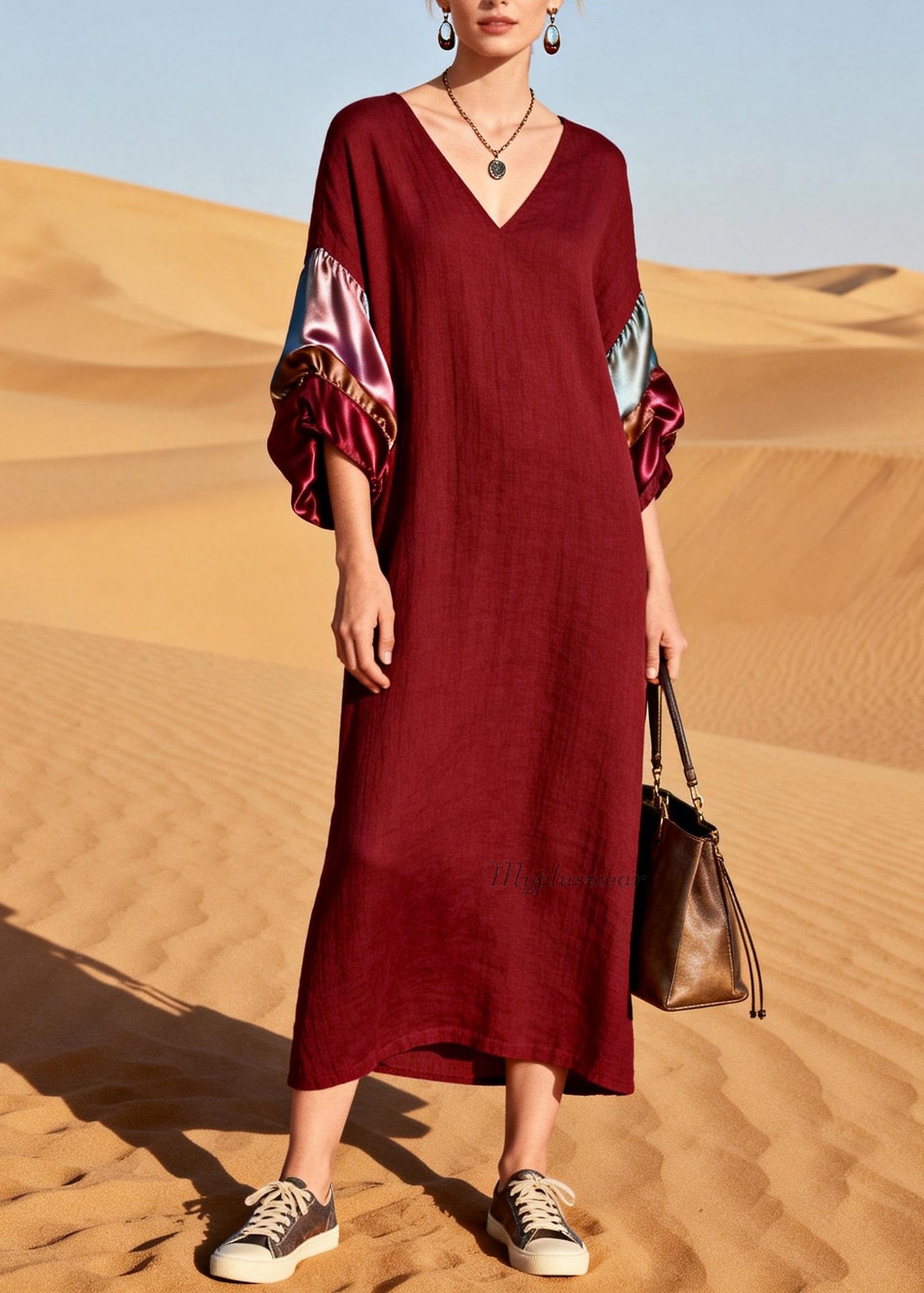 Unique Mulberry V Neck Silk Patchwork Linen Dress Summer
