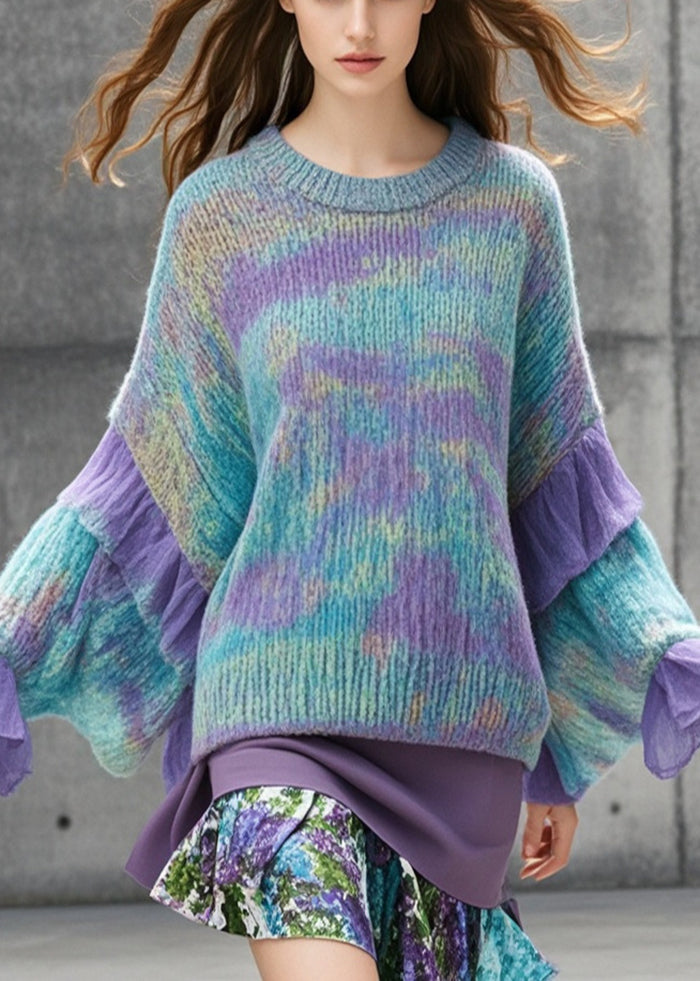 Unique Multicolor Oversized Patchwork Tulle Knit Long Sweater Fall