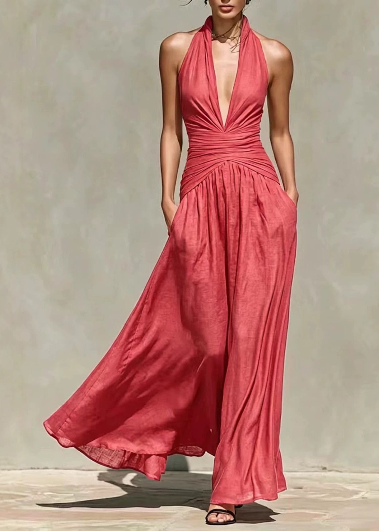 Unique Navy V Neck Halter Long Dresses Sleeveless