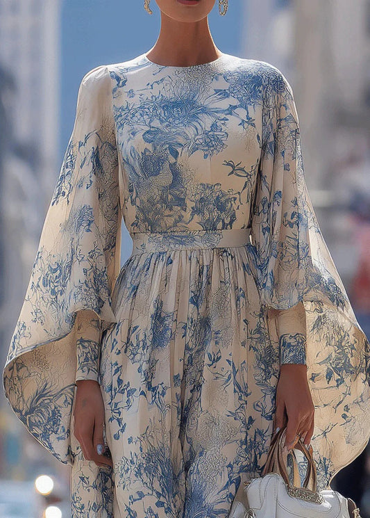 Unique O Neck Print Cotton Robe Dresses Flare Sleeve