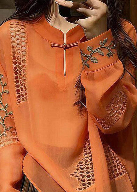 Unique Orange Embroidered Hollow Out Silk Shirt Long Sleeve