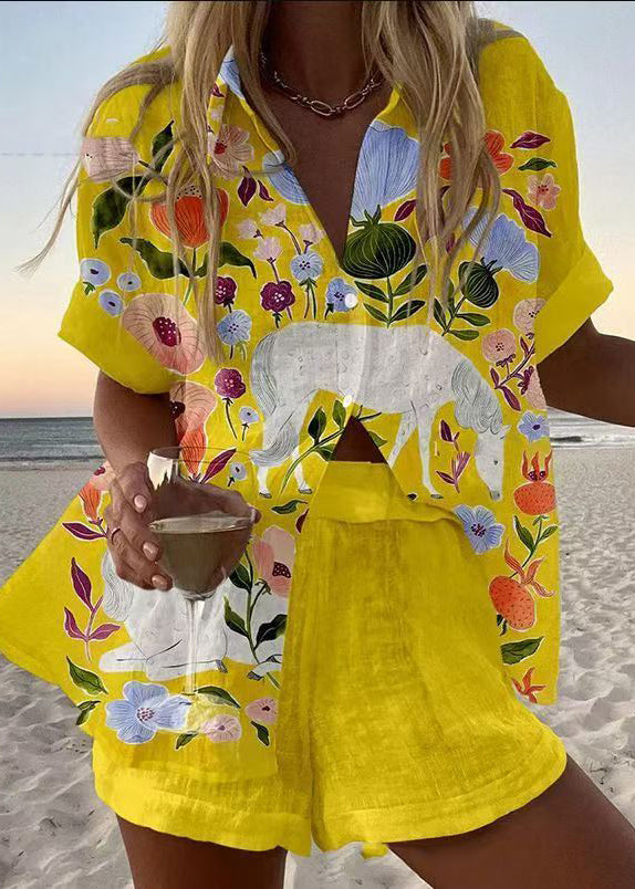 Unique Oversized Print Linen Women Sets 2 Pieces Summer