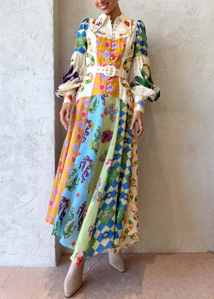 Unique Peter Pan Collar Button Print Patchwork Linen Maxi Dresses Spring
