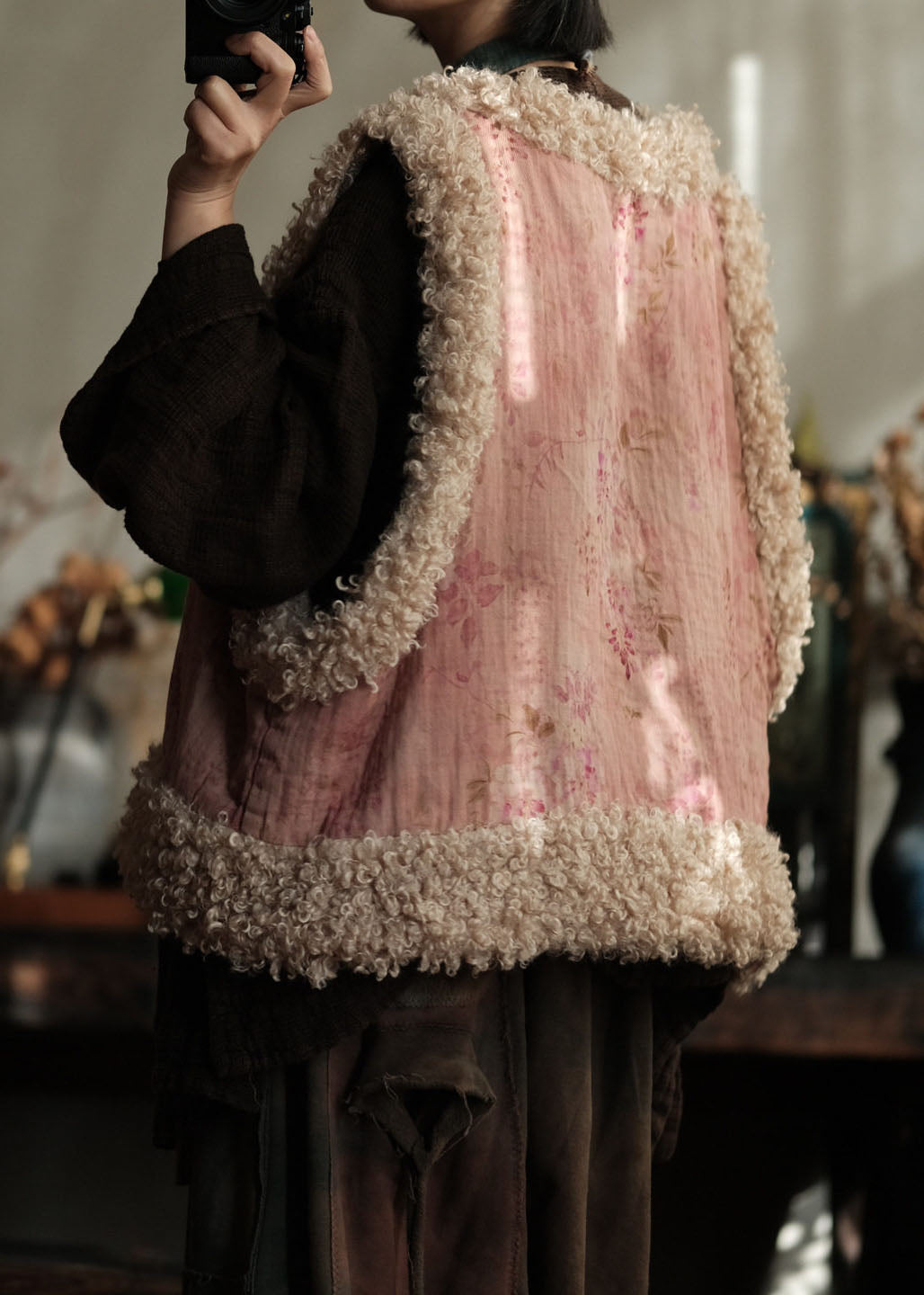Unique Pink Faux Fur Patchwork Fine Cotton Filled Vest Sleeveless