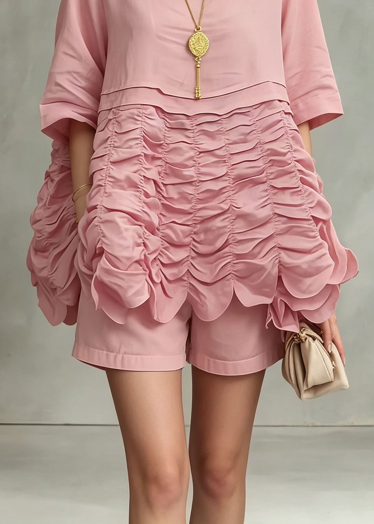 Unique Pink O Neck Wrinkled Patchwork Cotton Top Summer