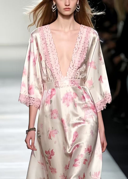 Unique Pink Print Patchwork Lace Silk Maxi Dresses Bracelet Sleeve