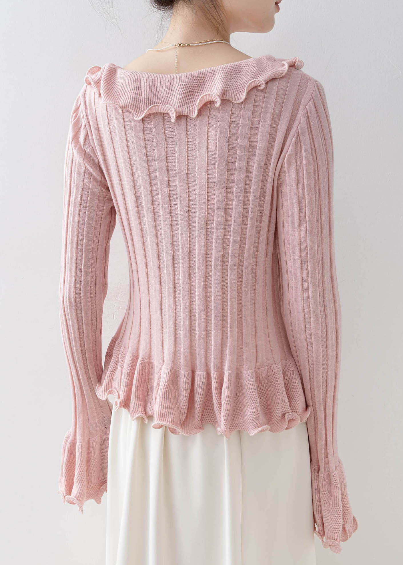 Unique Pink V Neck Ruffled Patchwork Knit Top Spring