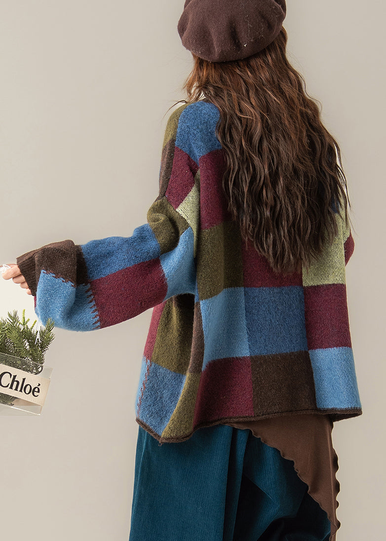Unique Plaid Button Patchwork Oversized Knit Coats Spring