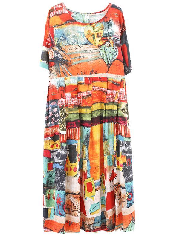 Unique Print O-Neck Cotton Loose Summer Mid Dress - SooLinen