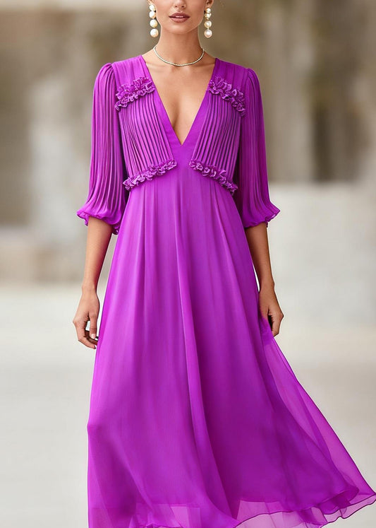 Unique Purple Ruffled Floral Chiffon Maxi Dresses Summer