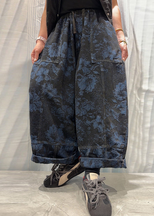 Unique Red Jacquard Pockets Patchwork Denim Harem Pants Fall