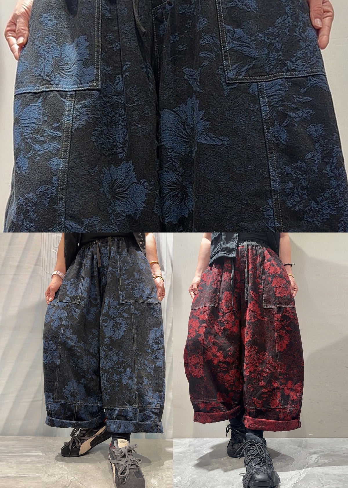 Unique Red Jacquard Pockets Patchwork Denim Harem Pants Fall