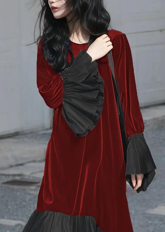 Unique Red O-Neck Patchwork Silk Velvet Long Dresses Fall