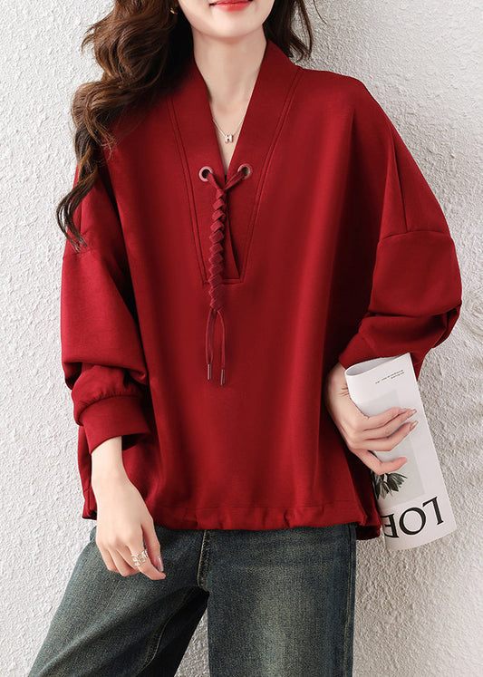 Unique Red Oversized Tasseled Cotton Pullover Sweatshirt Fall