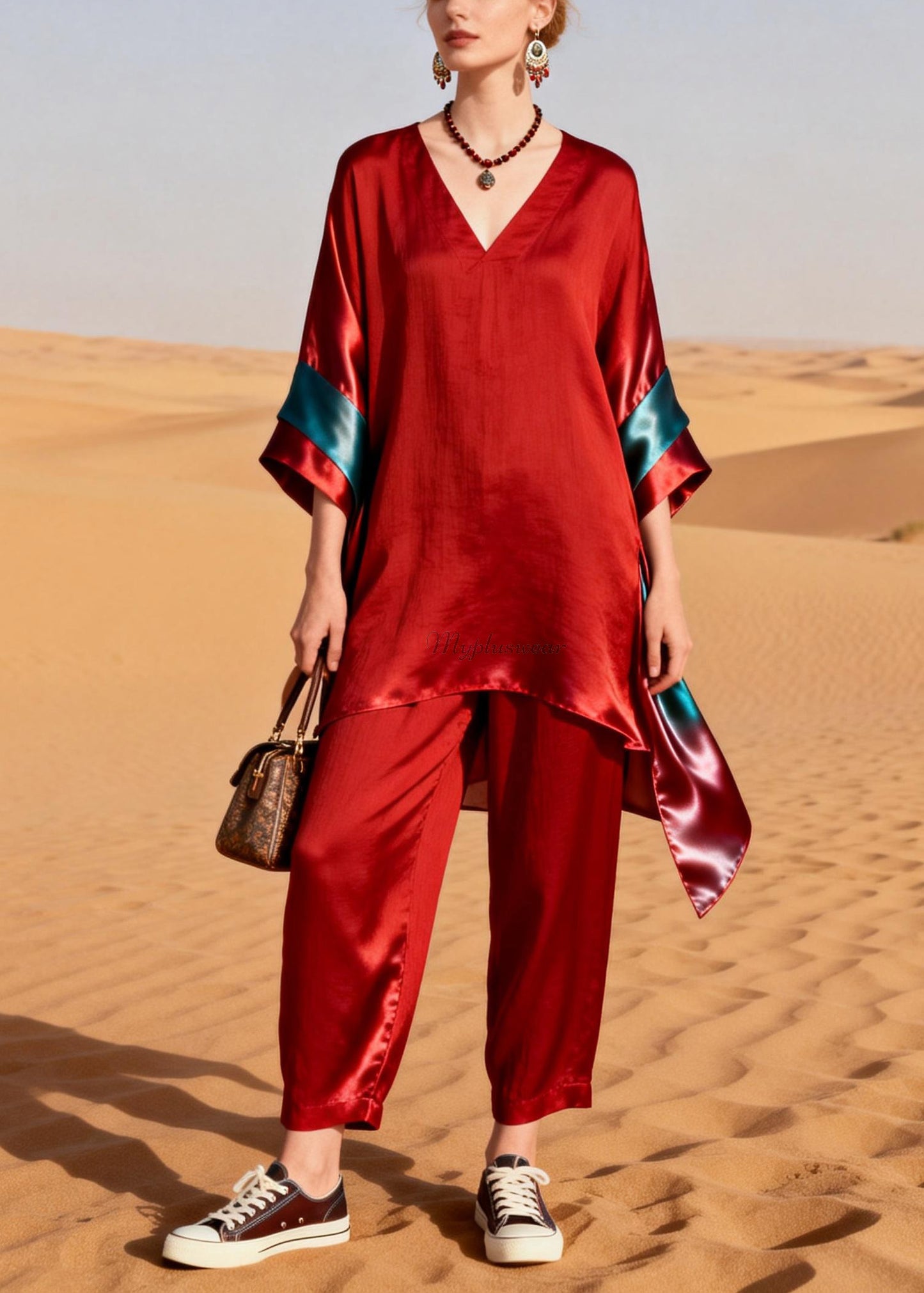 Unique Red V Neck Patchwork Linen Silk Two Pieces Set Summer