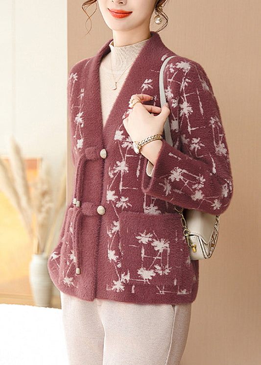Unique Red V Neck Print Pockets Mink Hair Knitted Coat Fall