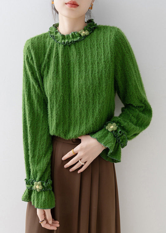 Unique Tea Green Ruffled Floral Knit Top Flare Sleeve